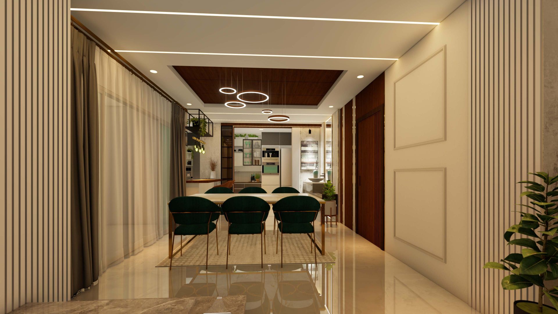 Contemporary Dining Area with Wooden Ceiling